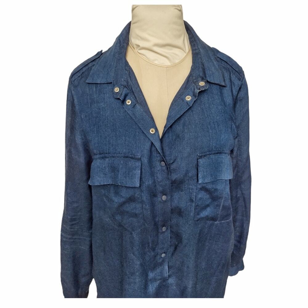 ZARA BASIC Tunic Top Utility Mini Dress Dark Blue Chambray Denim Size L Loose